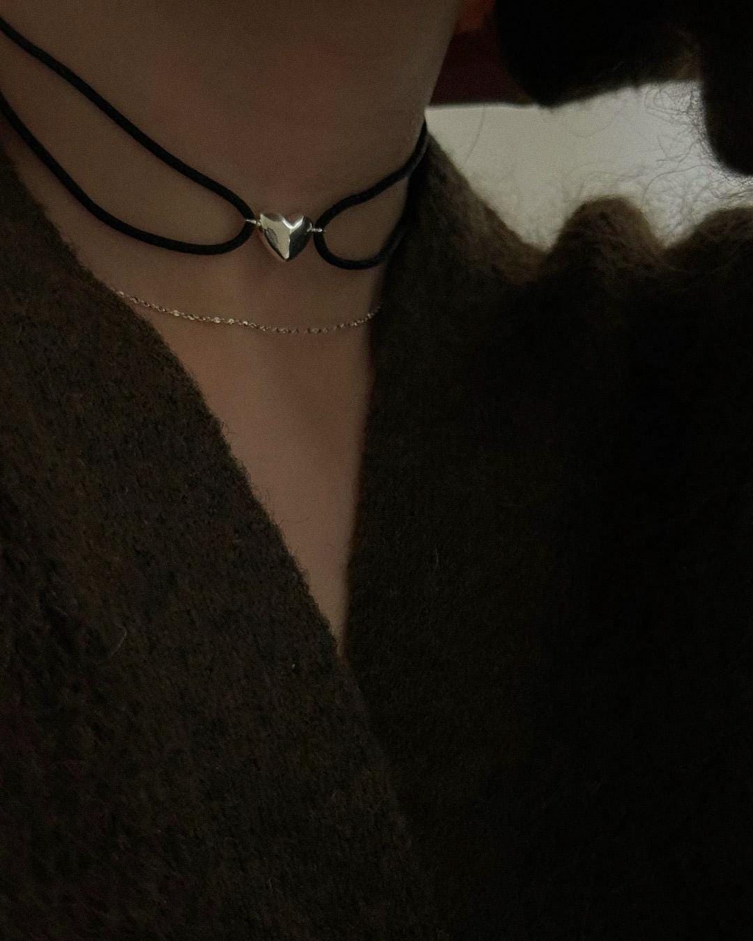 Heart Pendant Double cord Choker Necklace