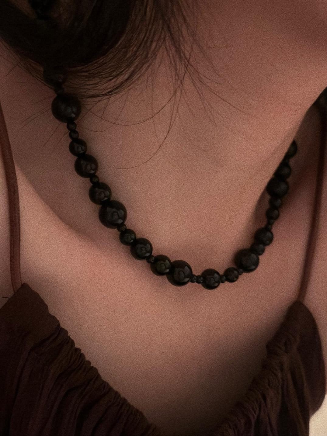 Large Bead Black Agate Necklace