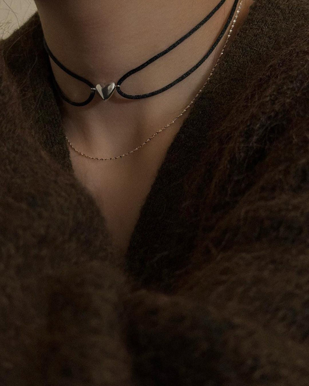 Heart Pendant Double cord Choker Necklace
