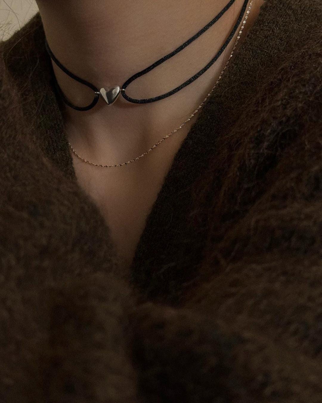 Heart Pendant Double cord Choker Necklace