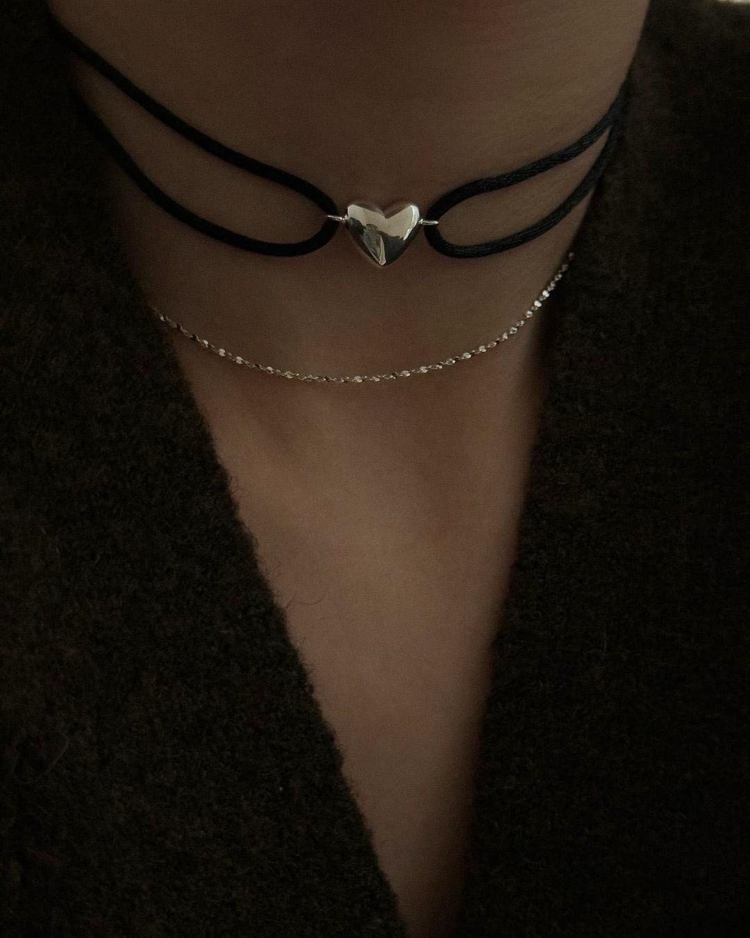 Heart Pendant Double cord Choker Necklace