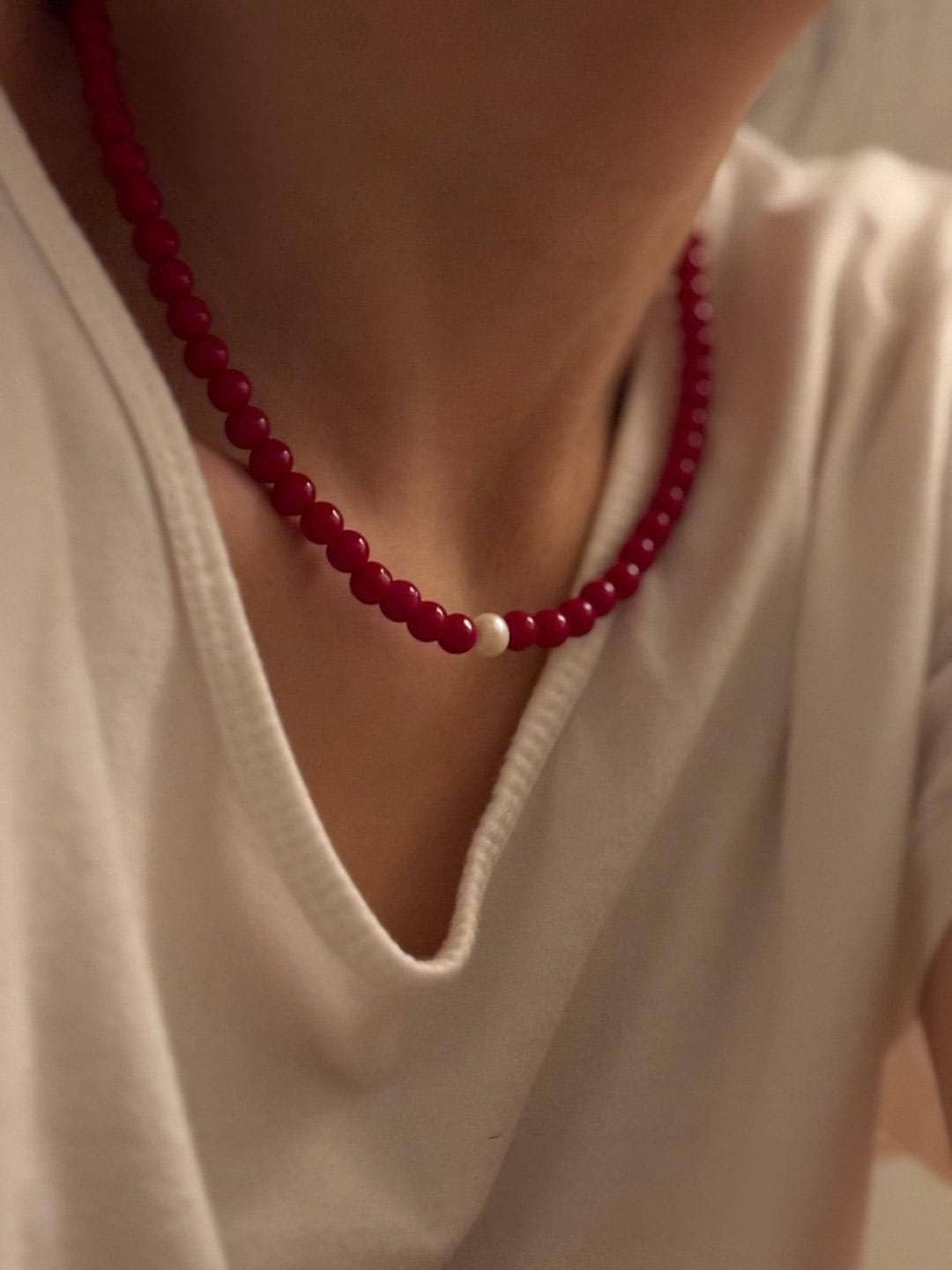 Red And Freshwater Pearl Beaded Necklace