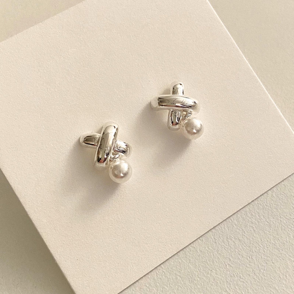 Pearl and Silver X Stud Earrings