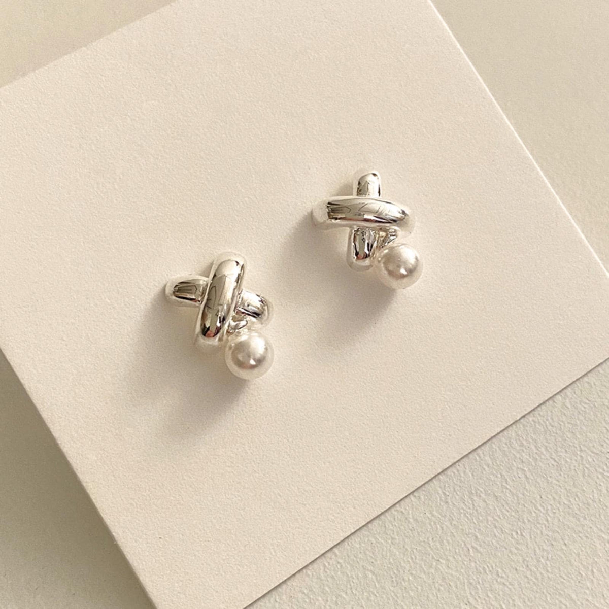 Pearl and Silver X Stud Earrings