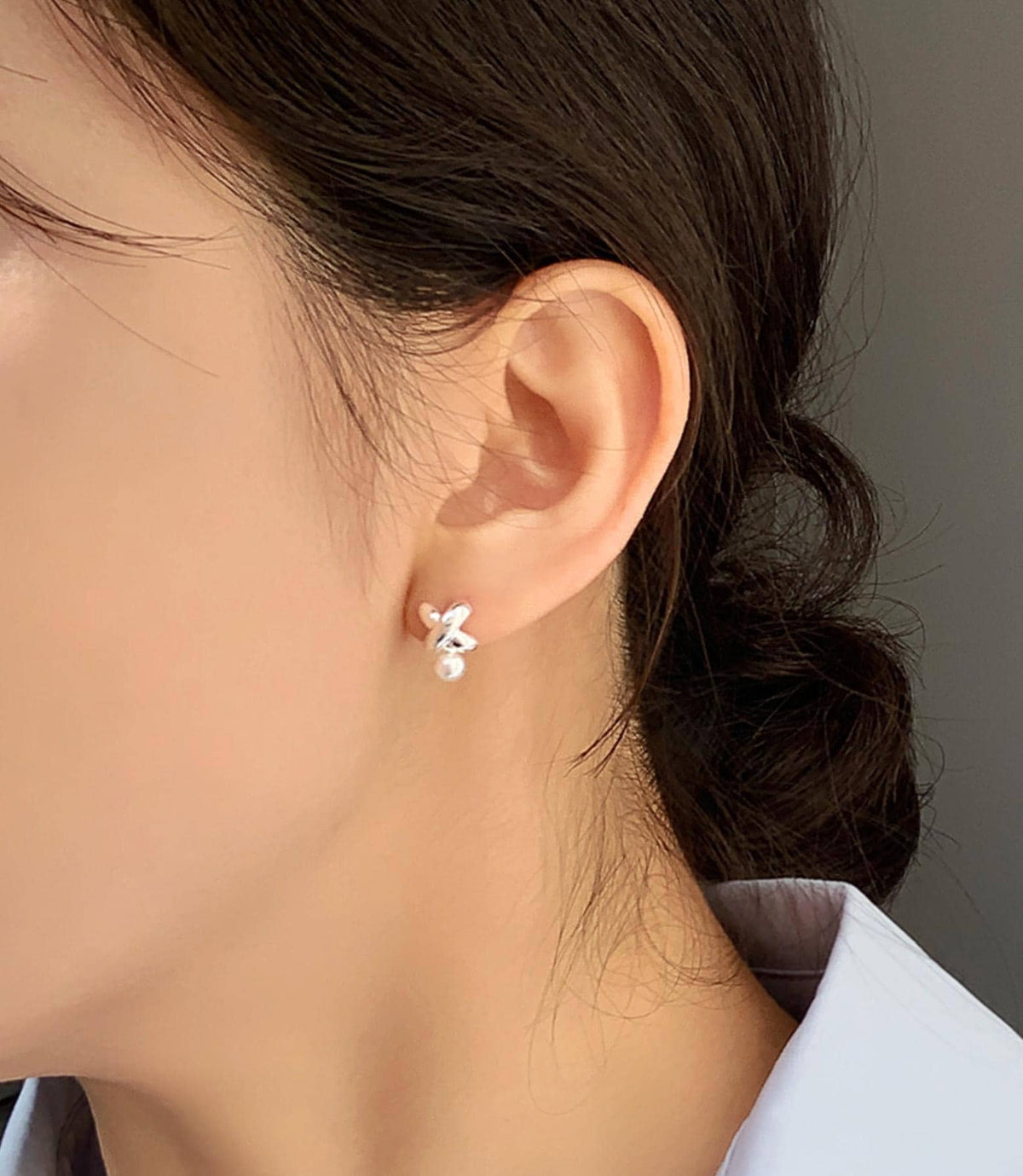 Pearl and Silver X Stud Earrings