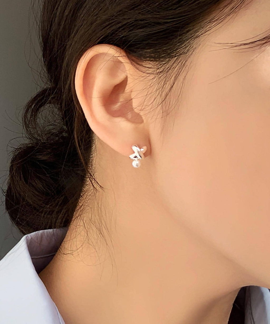 Pearl and Silver X Stud Earrings