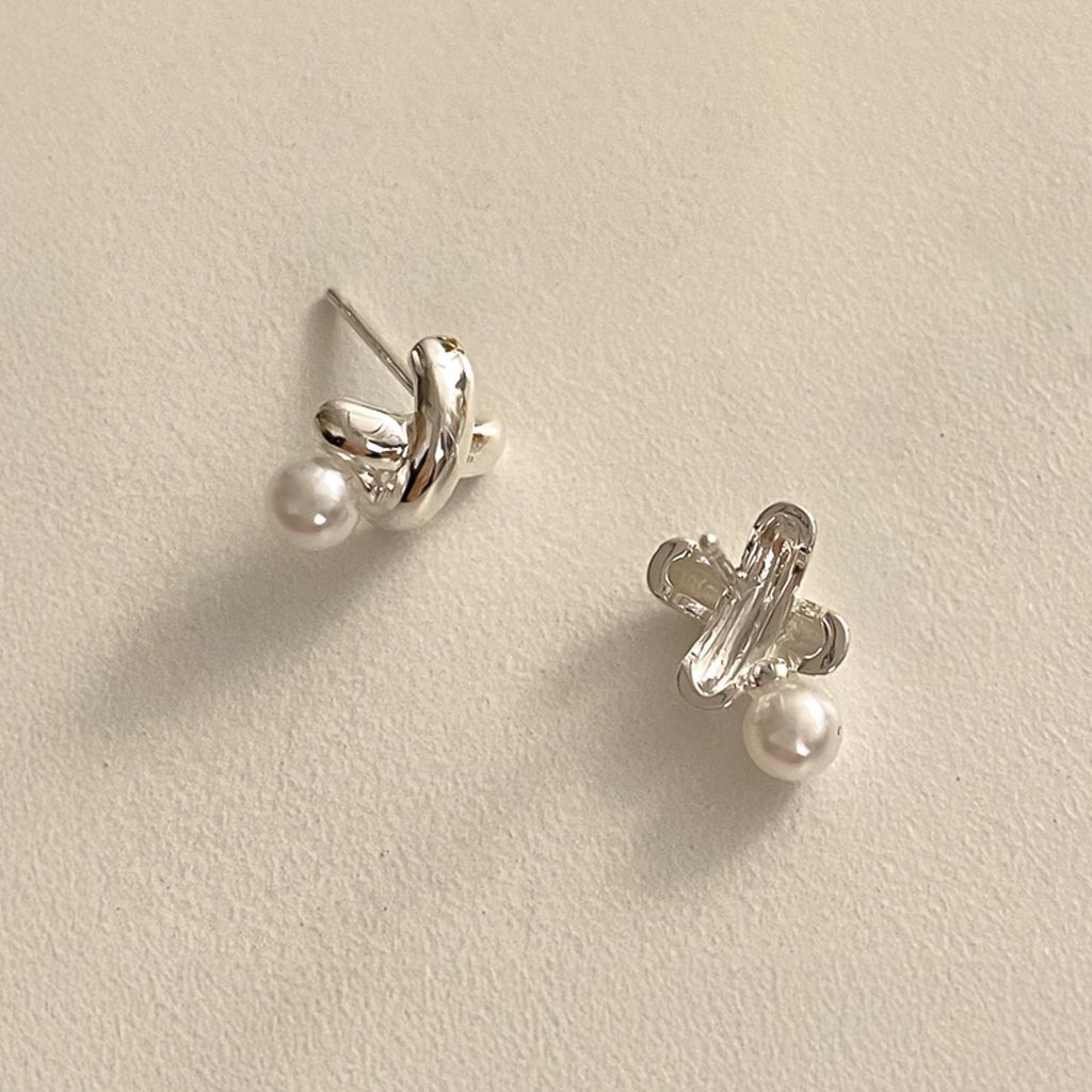 Pearl and Silver X Stud Earrings