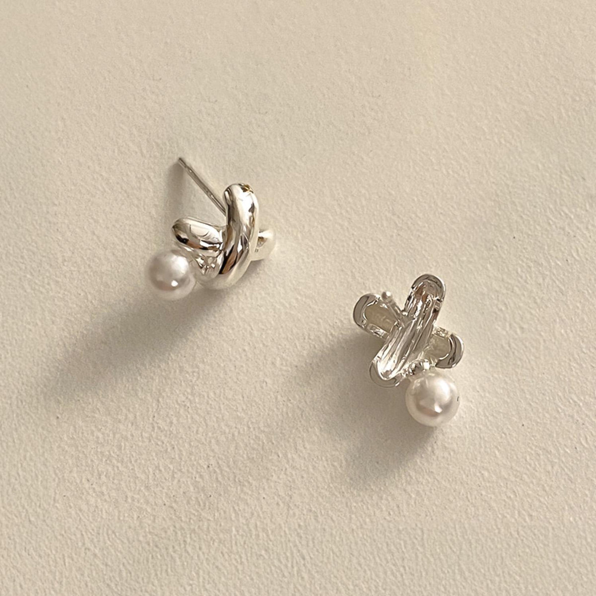 Pearl and Silver X Stud Earrings