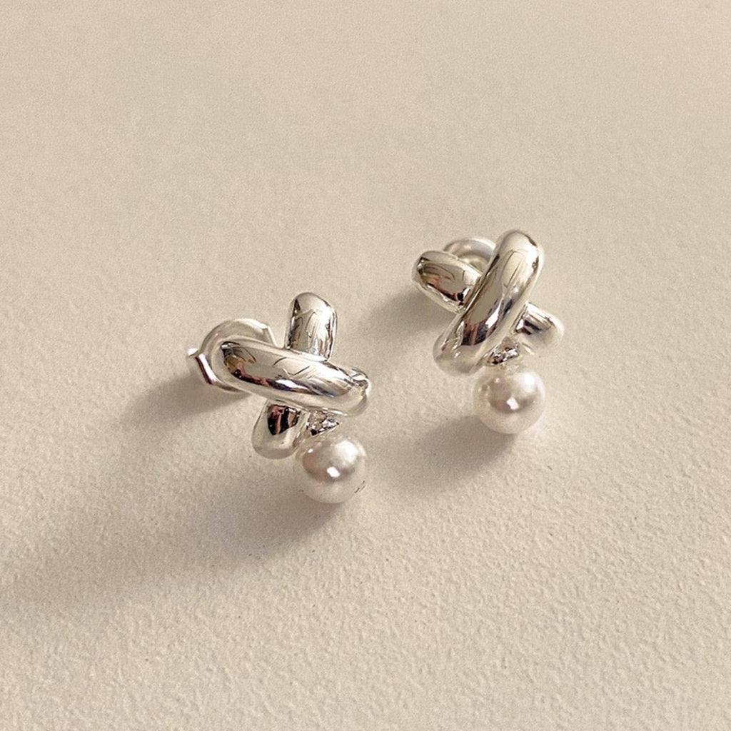 Pearl and Silver X Stud Earrings