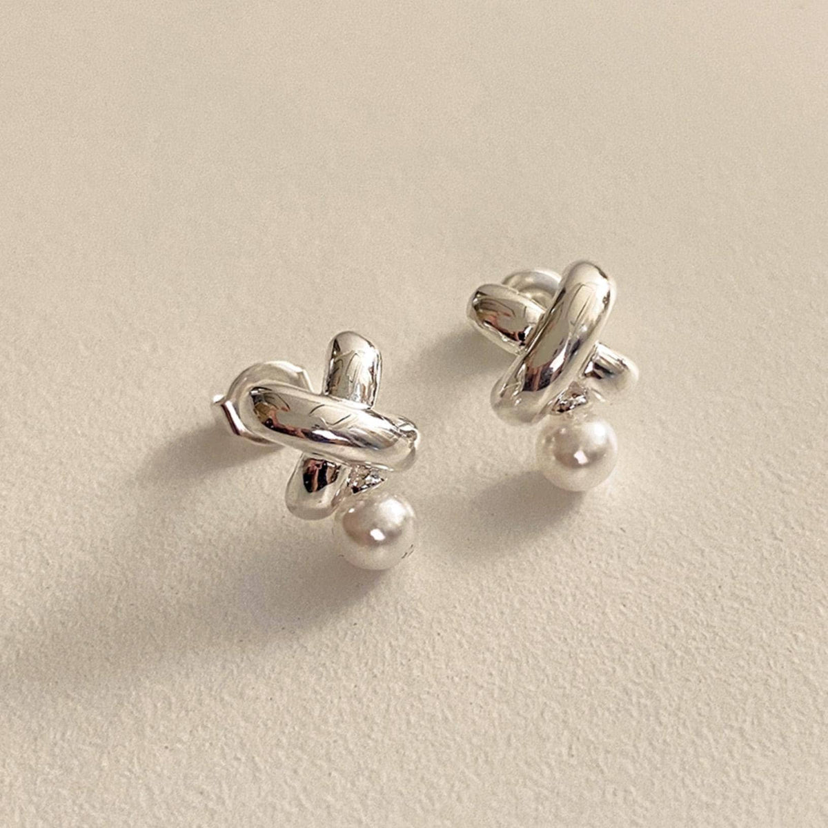 Pearl and Silver X Stud Earrings