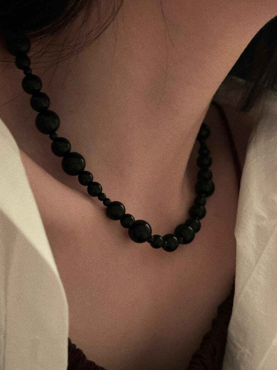 Large Bead Black Agate Necklace