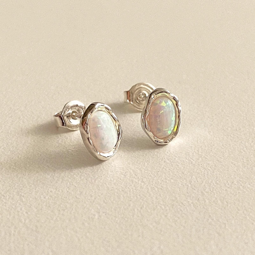 Textured Oval White Opal Stud Earrings