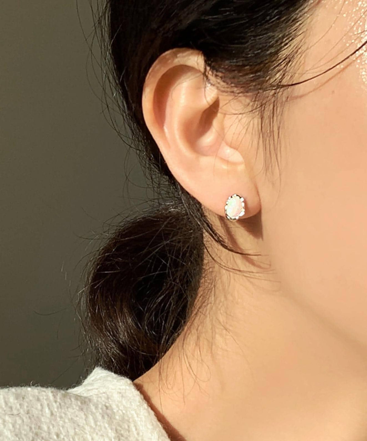Textured Oval White Opal Stud Earrings