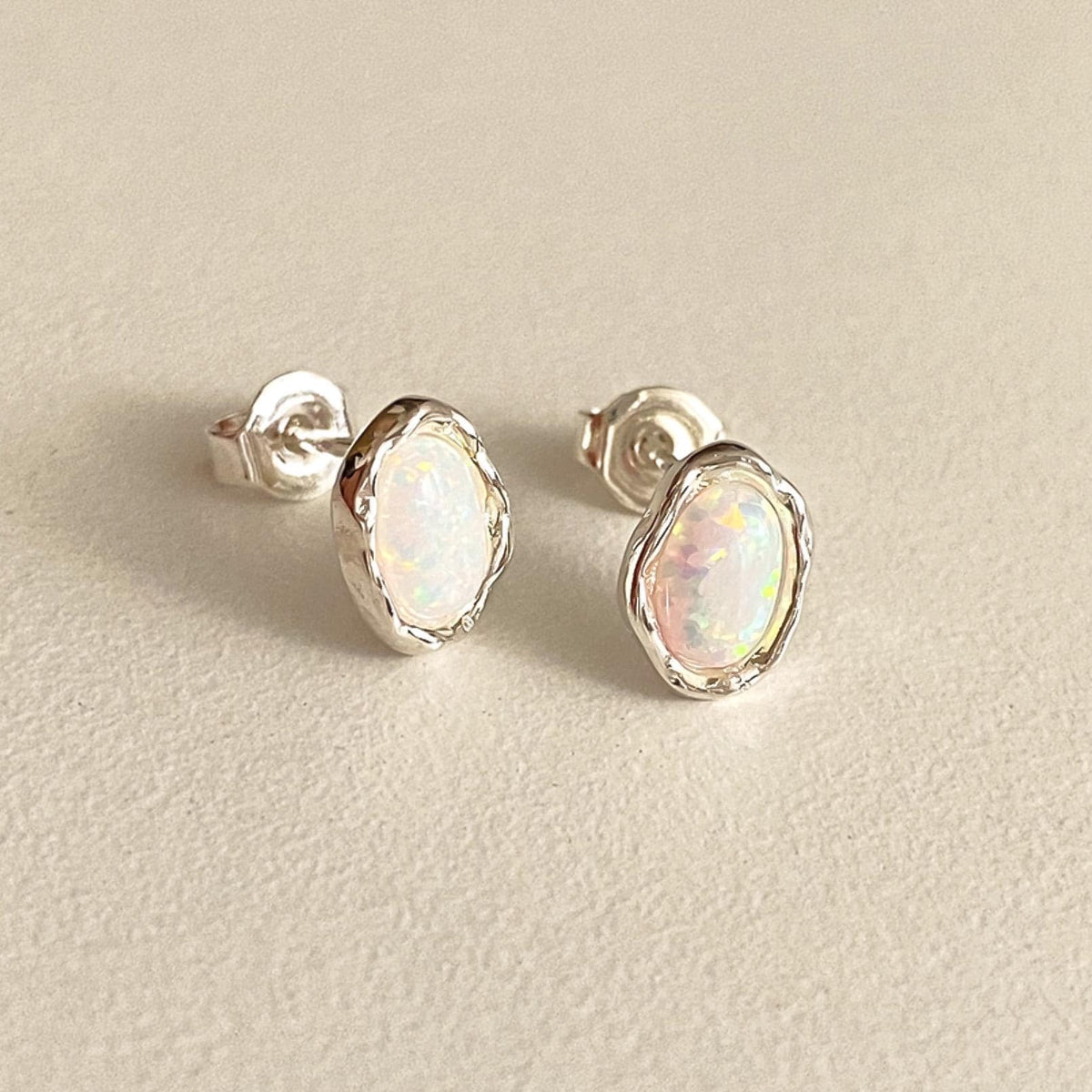 Textured Oval White Opal Stud Earrings