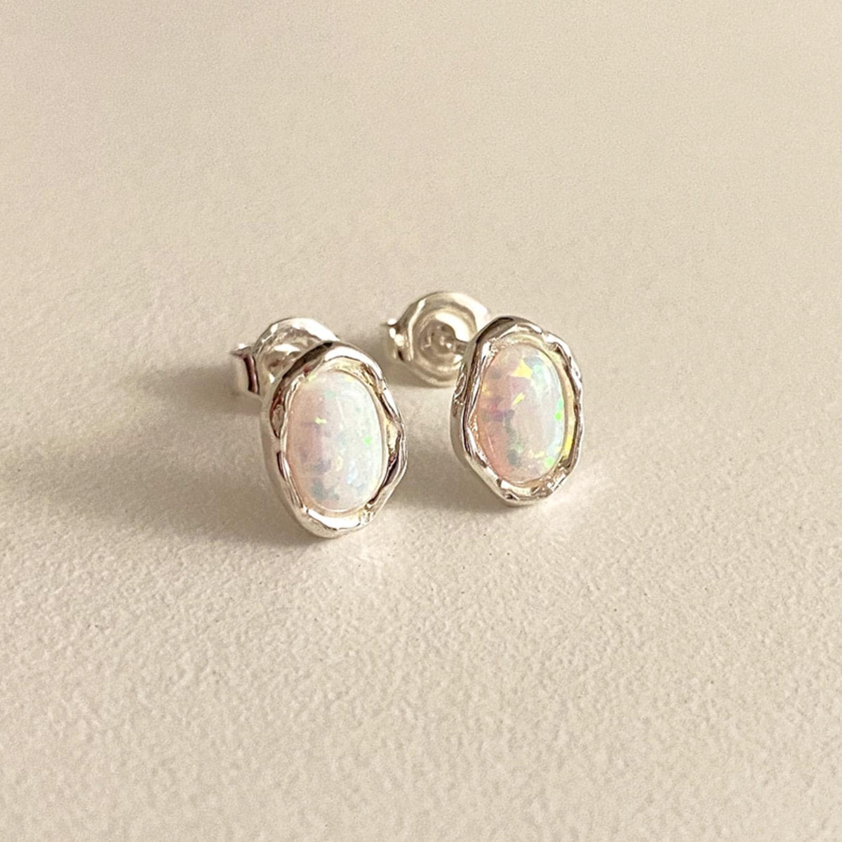 Textured Oval White Opal Stud Earrings