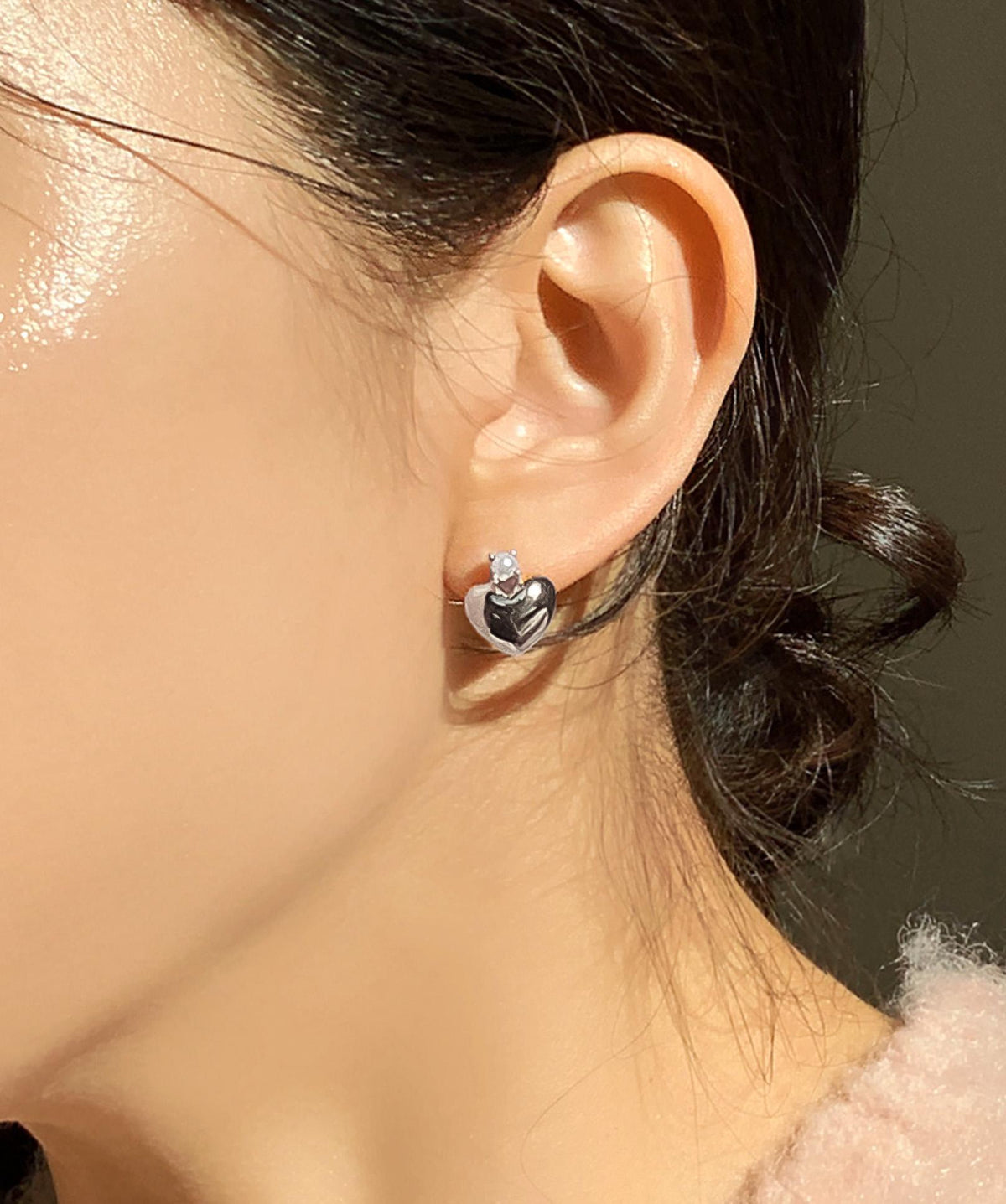 Crowned Pearl Heart Stud Earrings