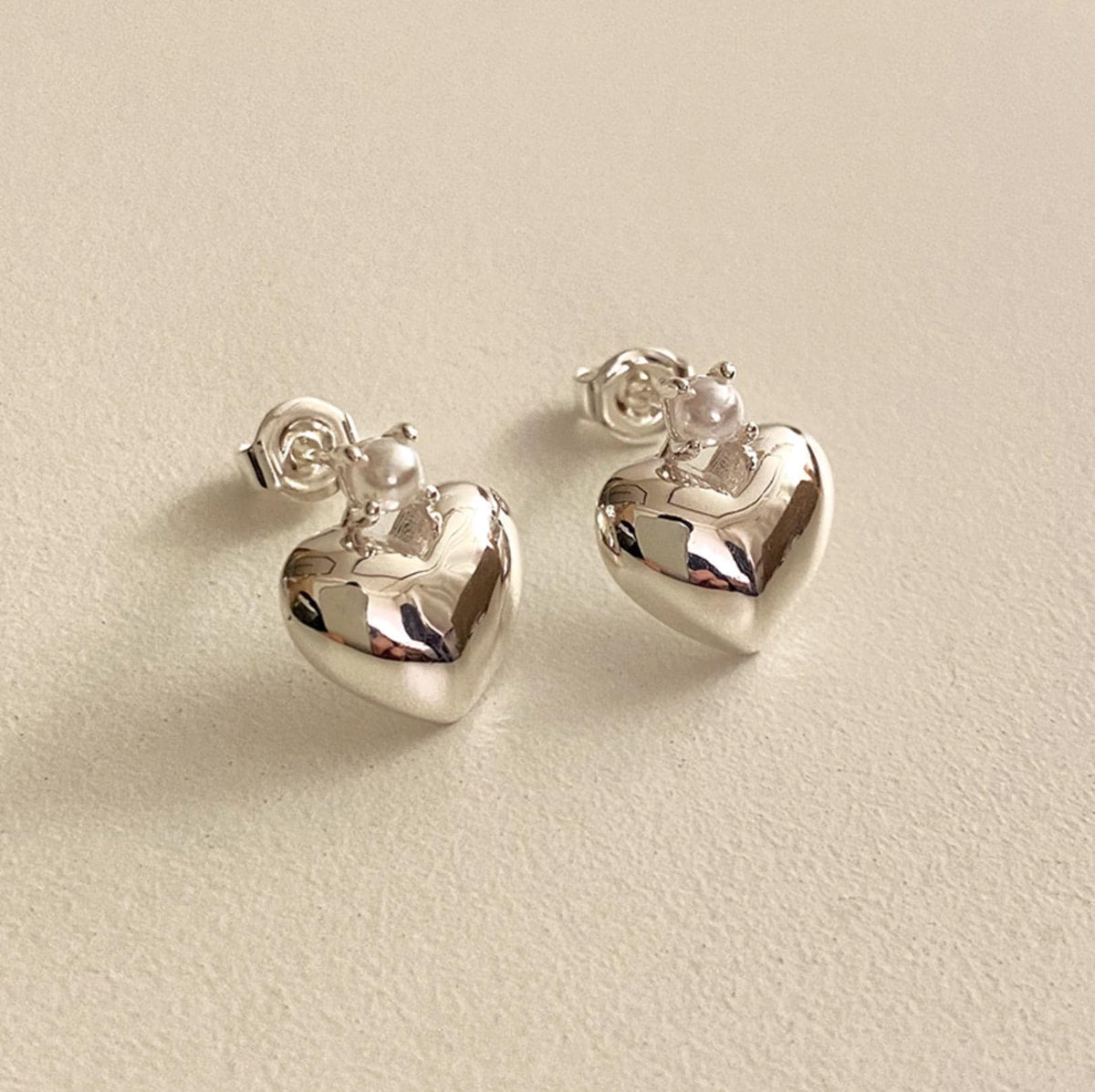 Crowned Pearl Heart Stud Earrings