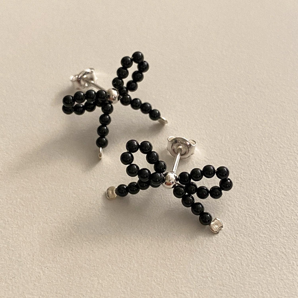 Black Beaded Bow Stud Earrings