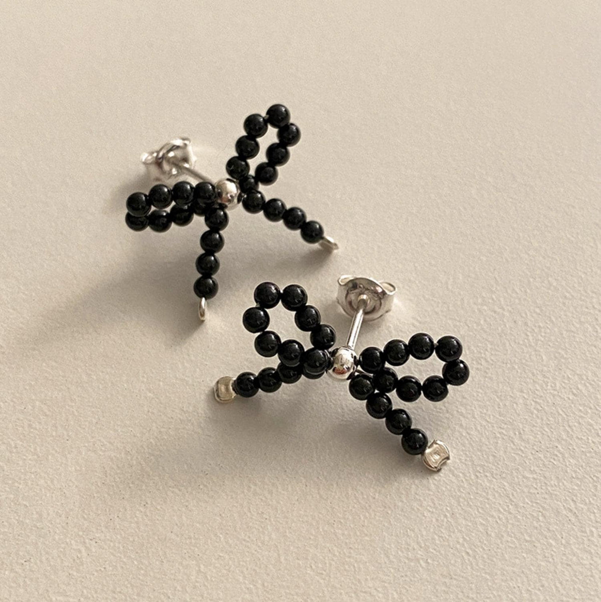 Black Beaded Bow Stud Earrings