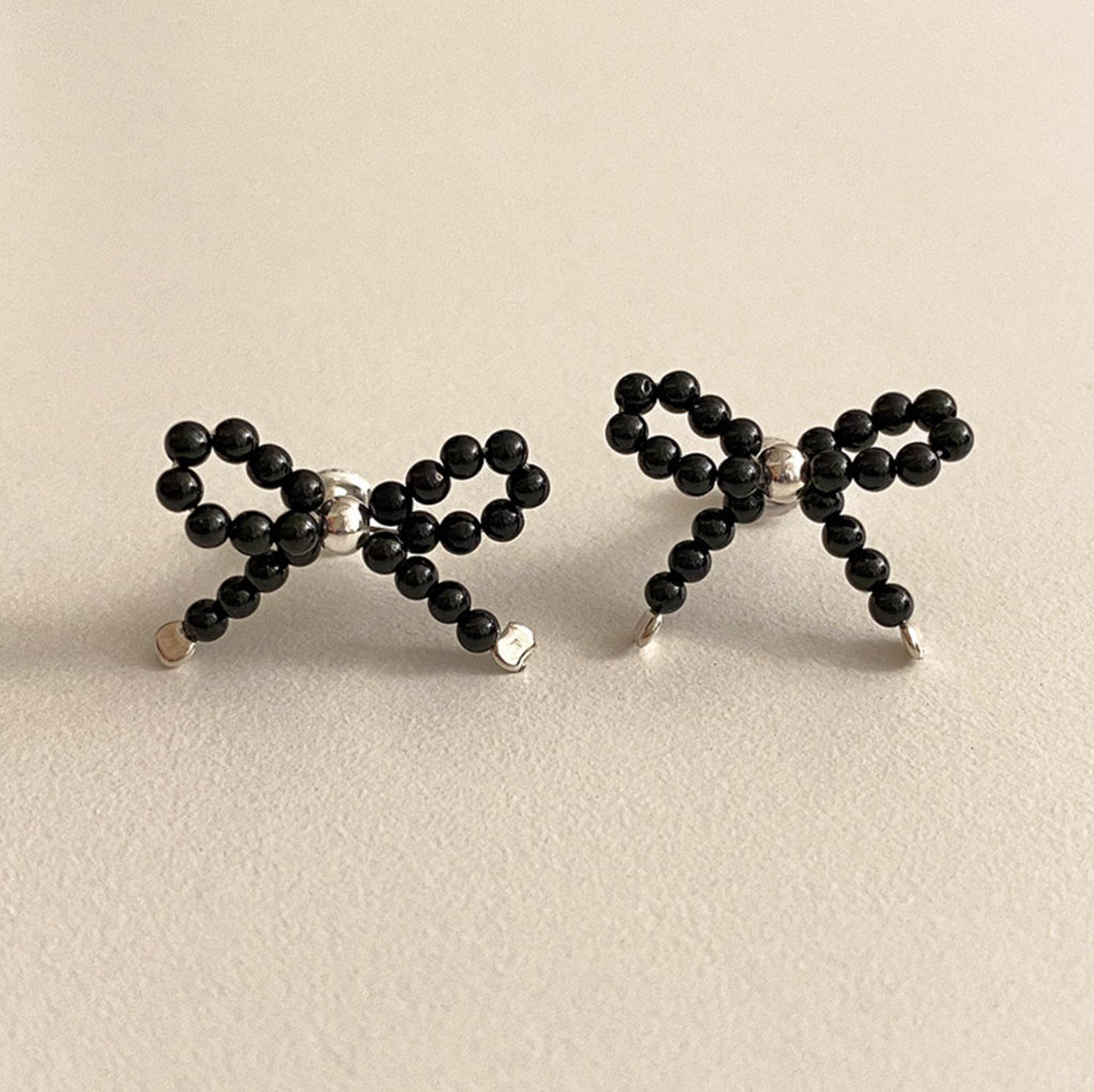 Black Beaded Bow Stud Earrings