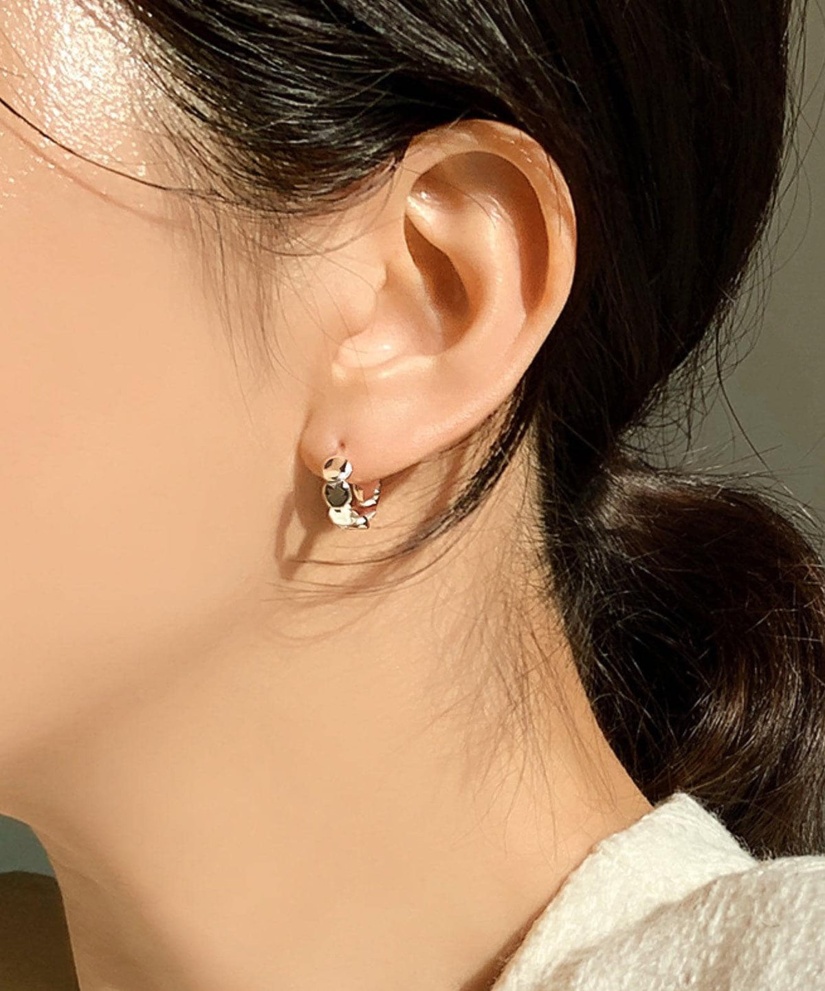 Organic Petal Silver Huggie Earrings