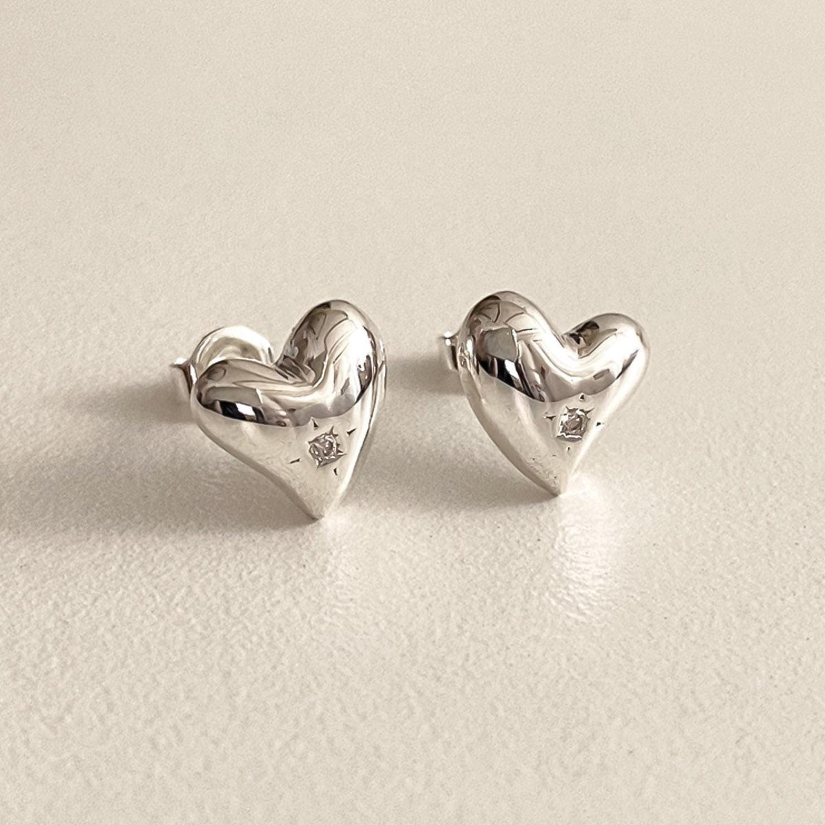Puffed Heart CZ Silver Stud Earrings