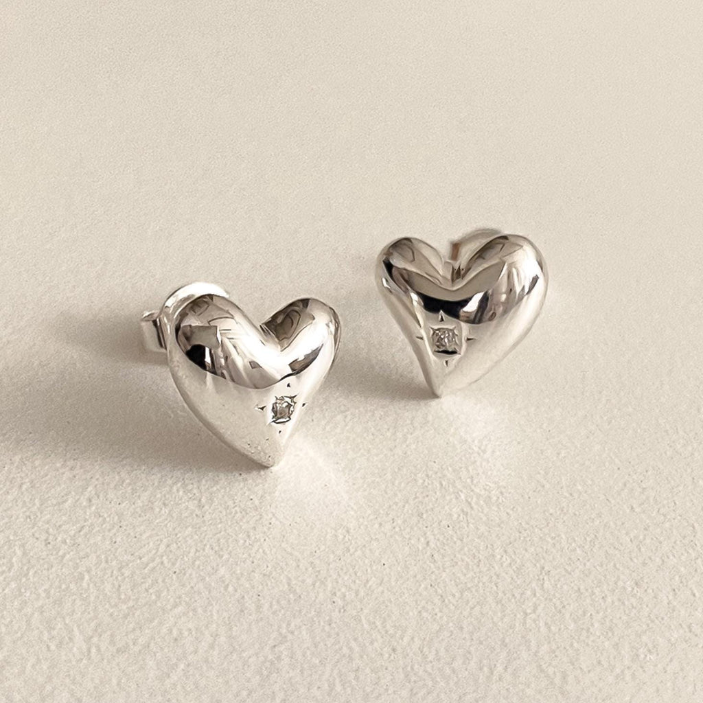 Puffed Heart CZ Silver Stud Earrings