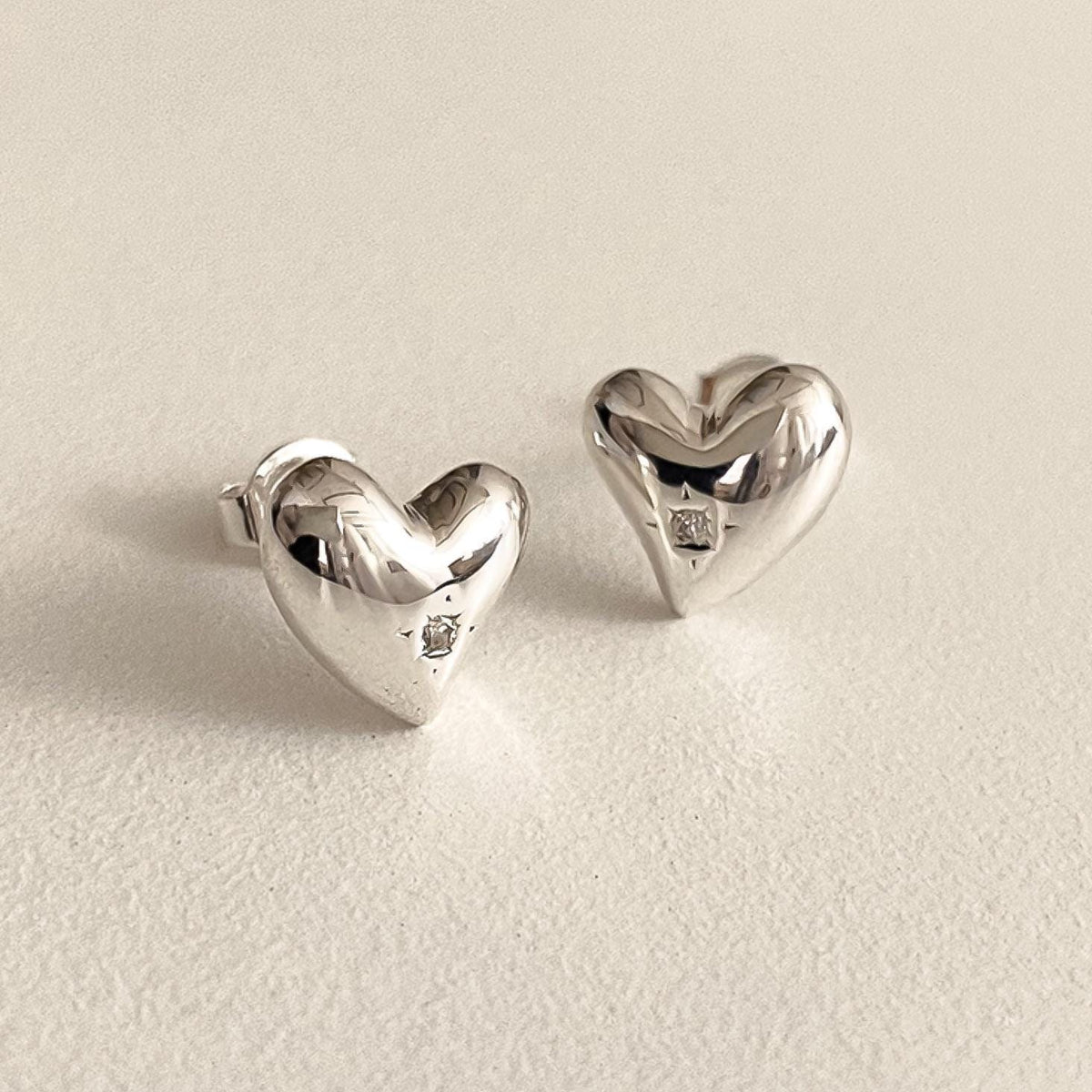 Puffed Heart CZ Silver Stud Earrings