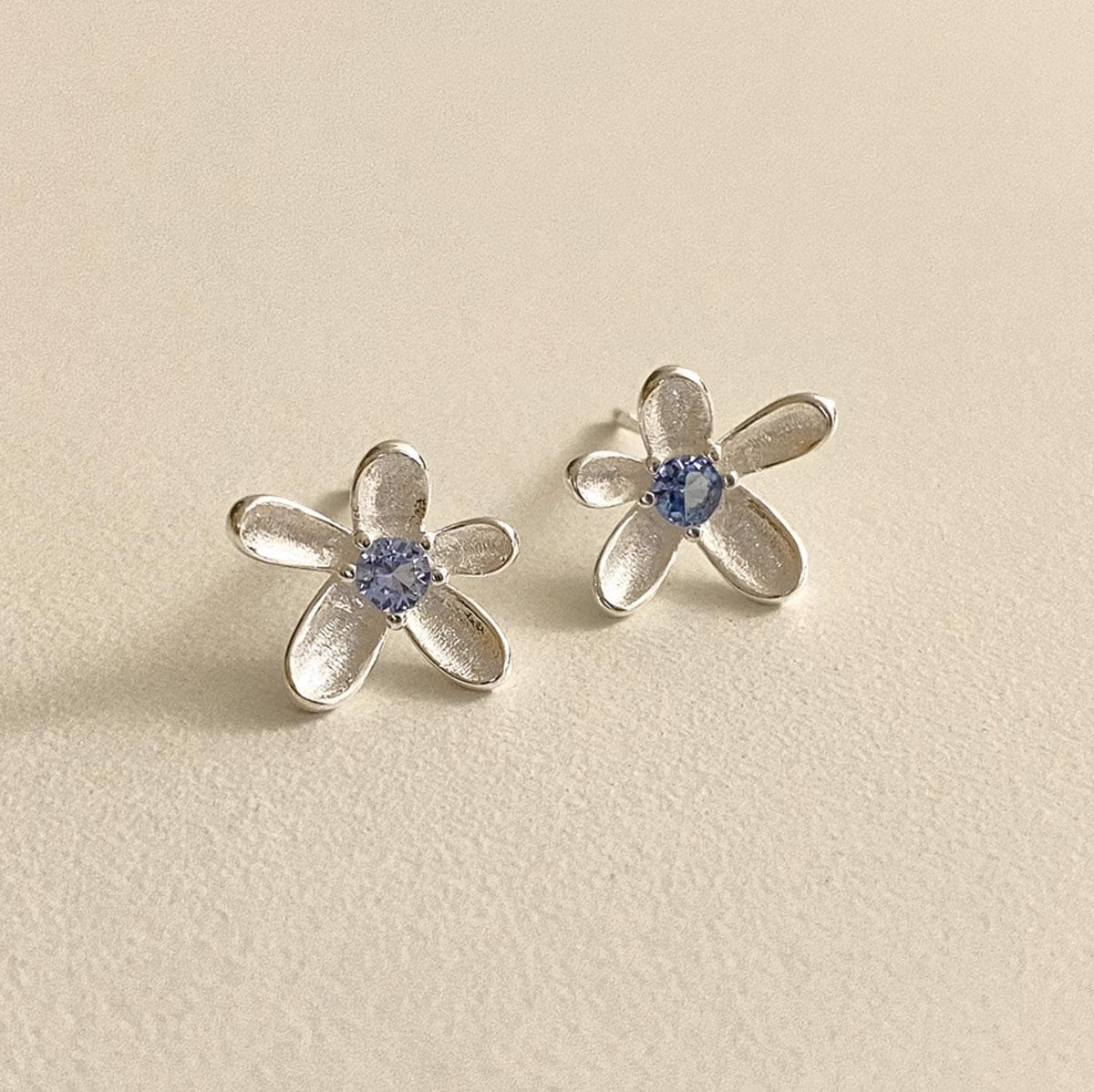 Floral Stud Earrings with Blue Cubic Zirconia