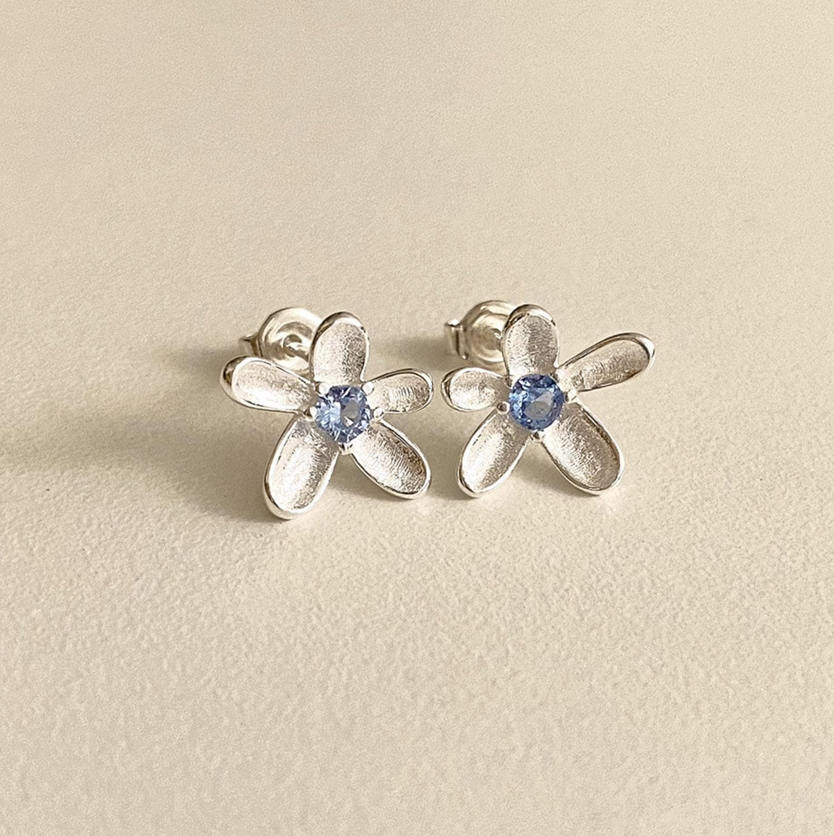 Floral Stud Earrings with Blue Cubic Zirconia