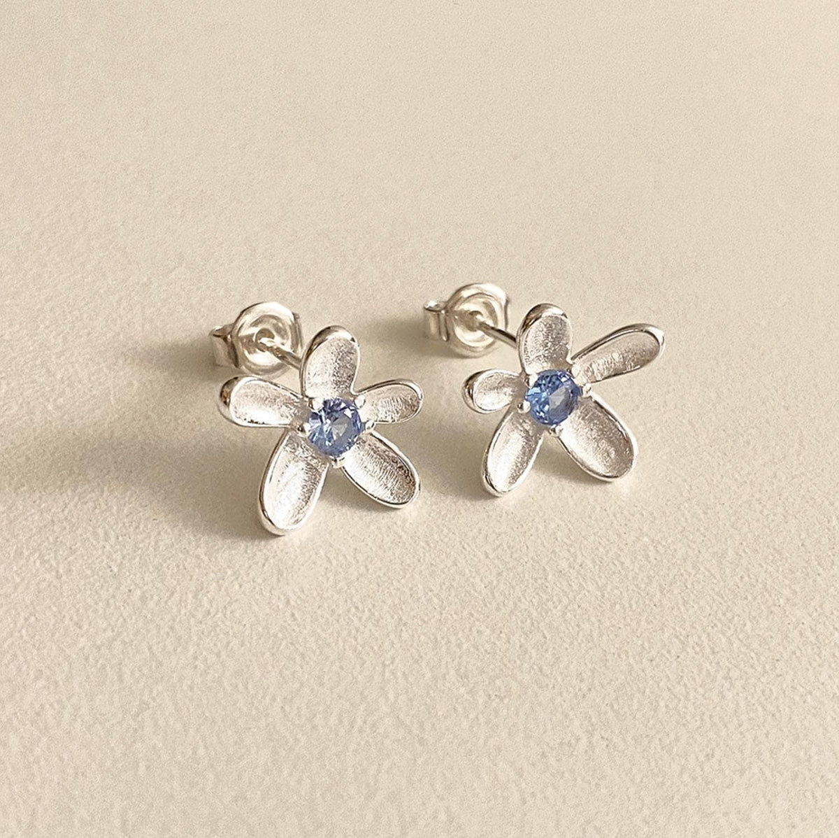 Floral Stud Earrings with Blue Cubic Zirconia