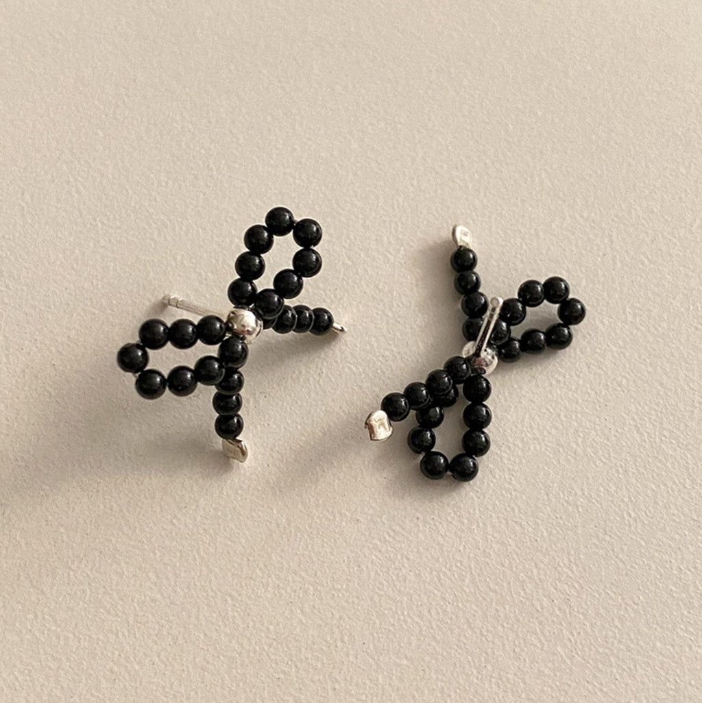 Black Beaded Bow Stud Earrings