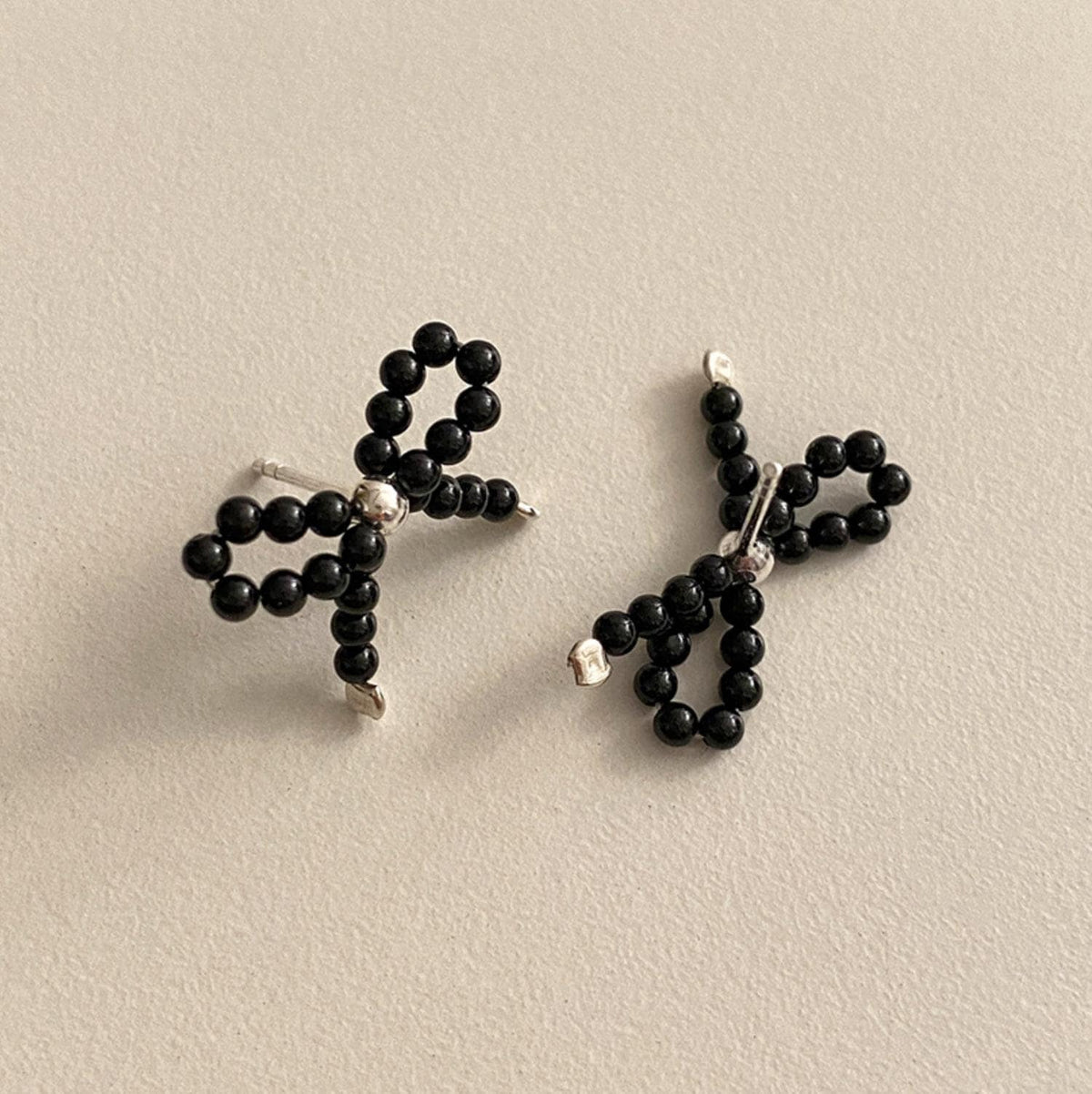 Black Beaded Bow Stud Earrings