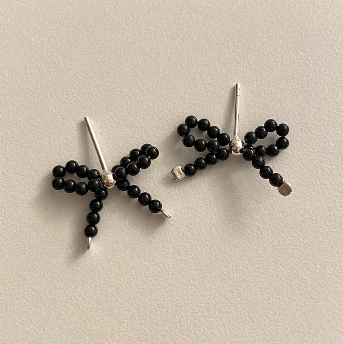 Black Beaded Bow Stud Earrings
