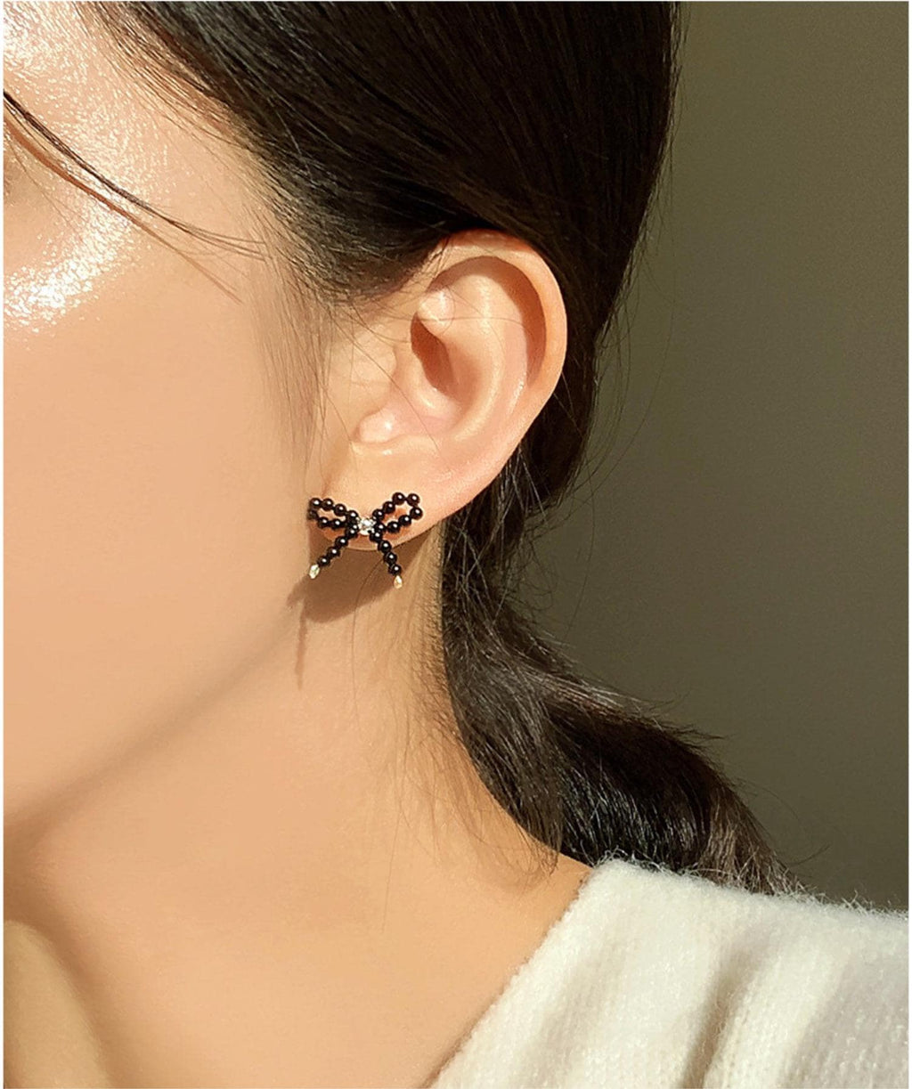 Black Beaded Bow Stud Earrings