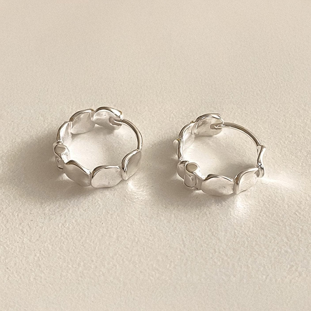 Organic Petal Silver Huggie Earrings