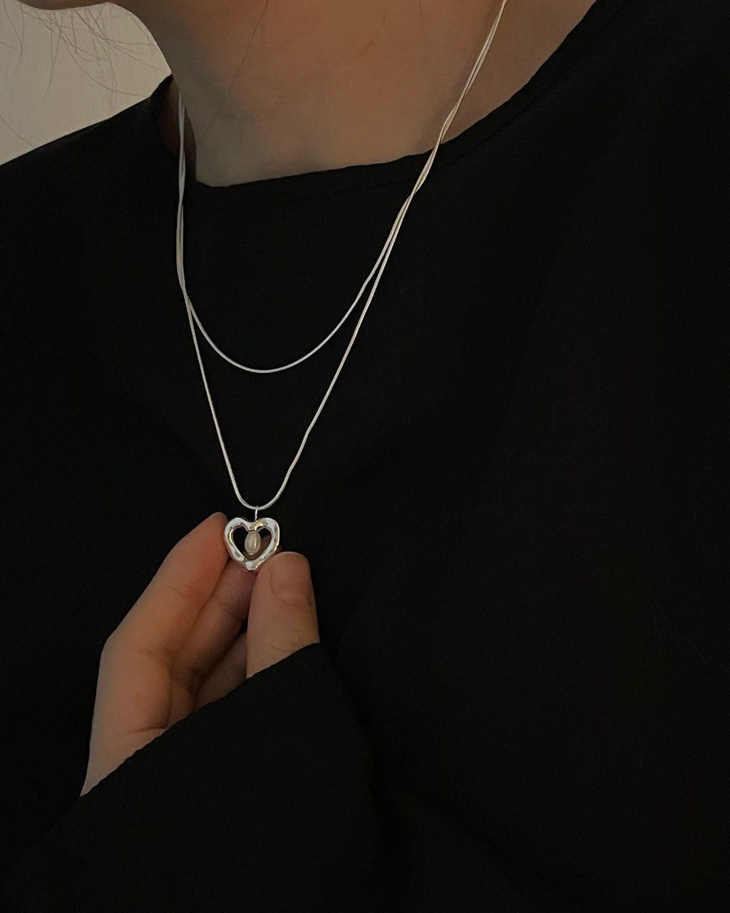 Pearl Drop Silver Heart Pendant Layered Necklace