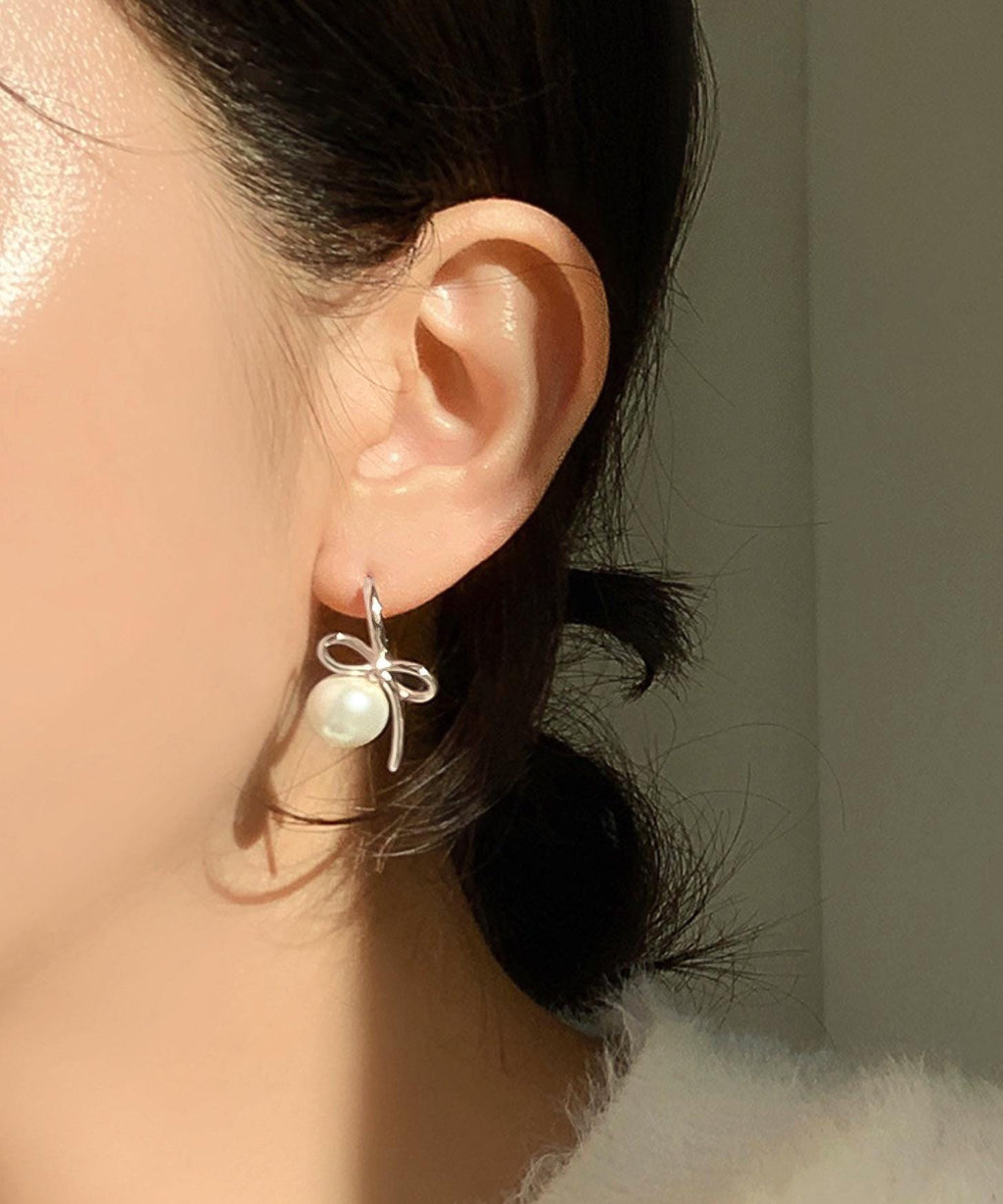 Ribbon Pearl Dangle Huggie Earrings