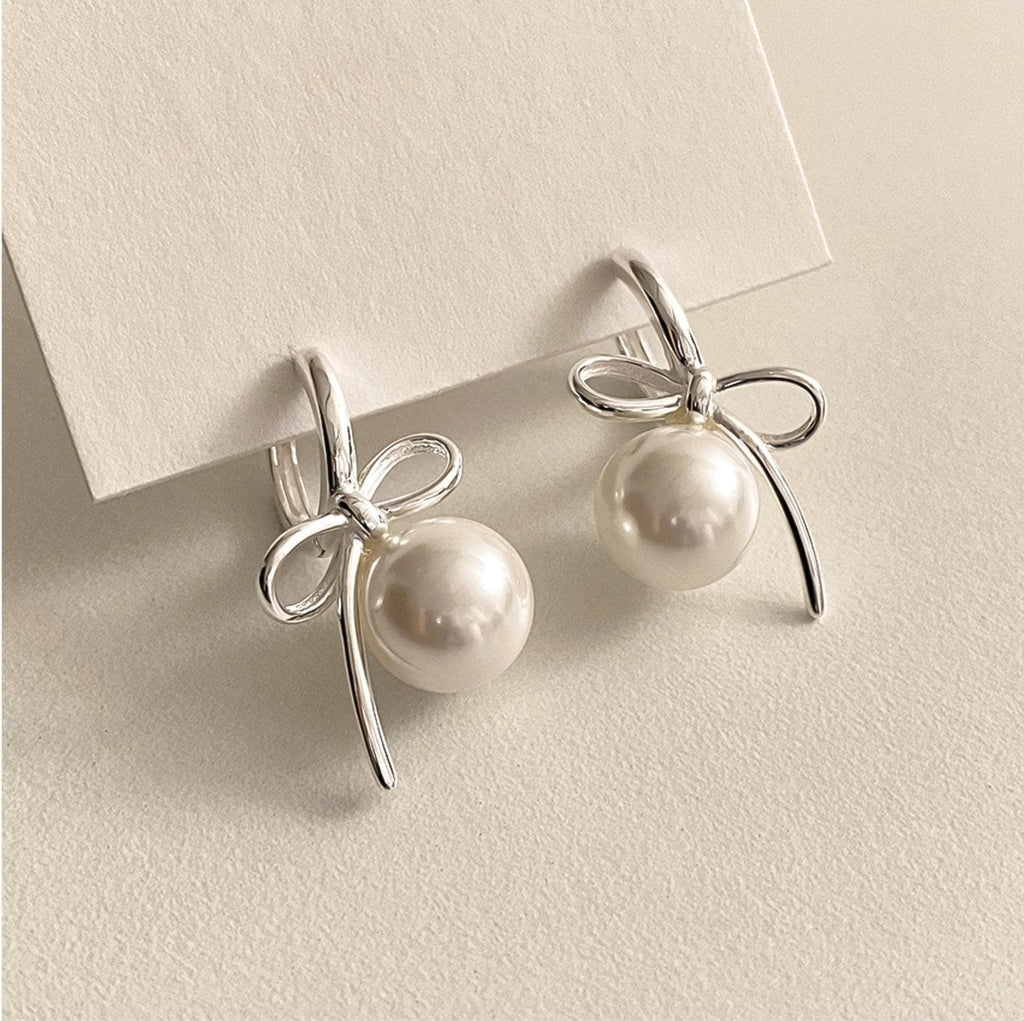 Ribbon Pearl Dangle Huggie Earrings