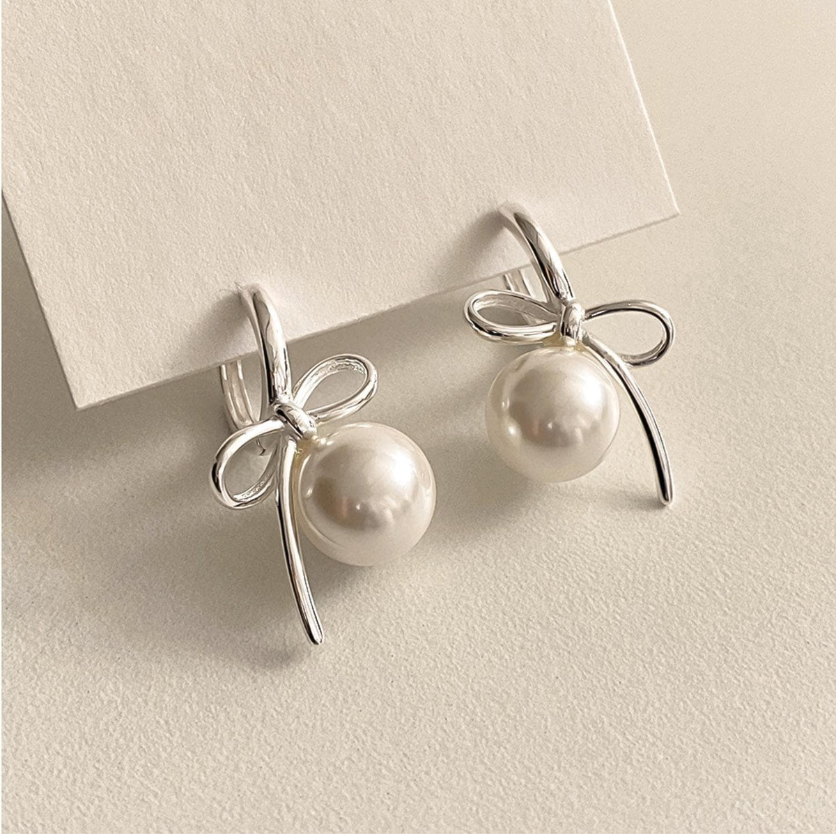 Ribbon Pearl Dangle Huggie Earrings