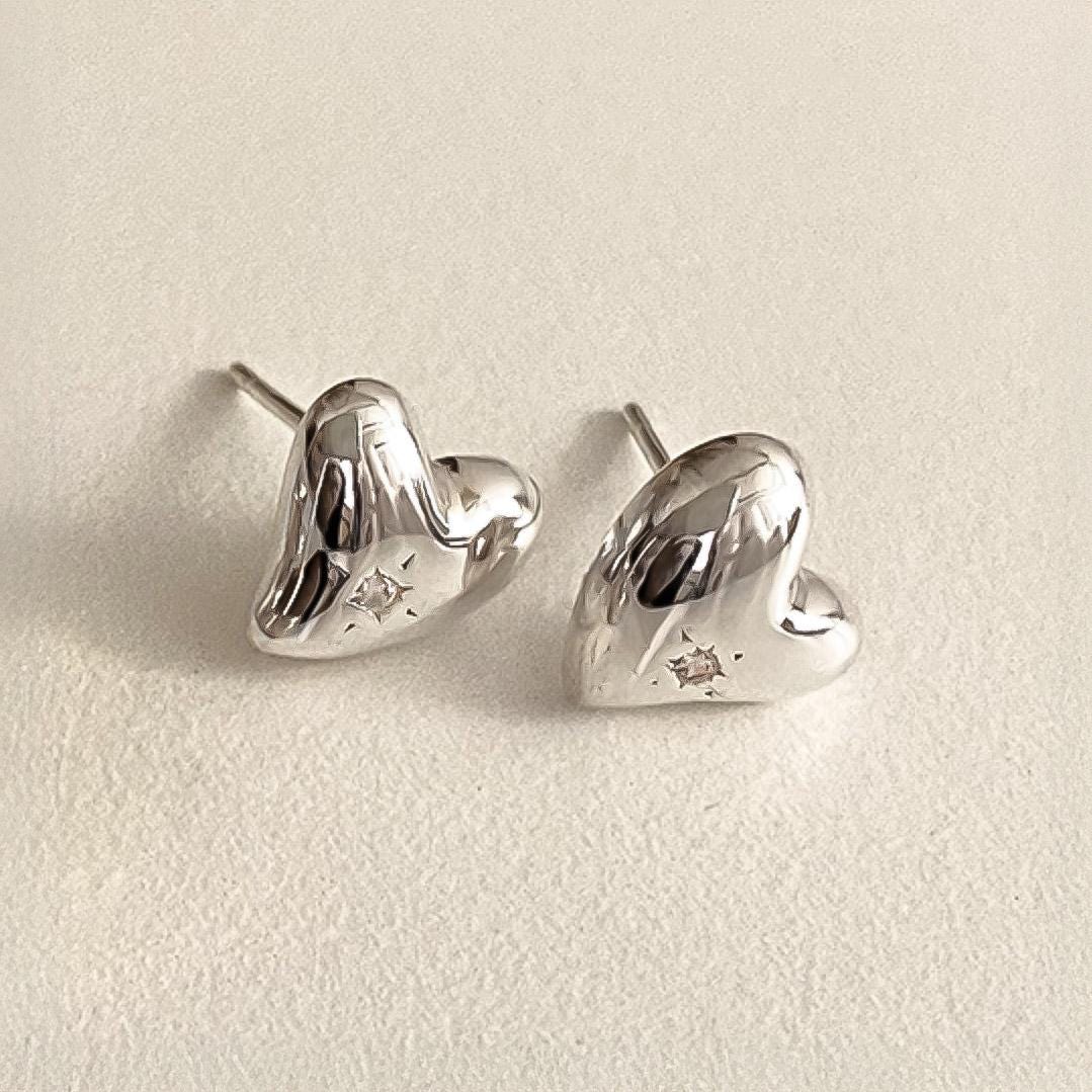 Puffed Heart CZ Silver Stud Earrings
