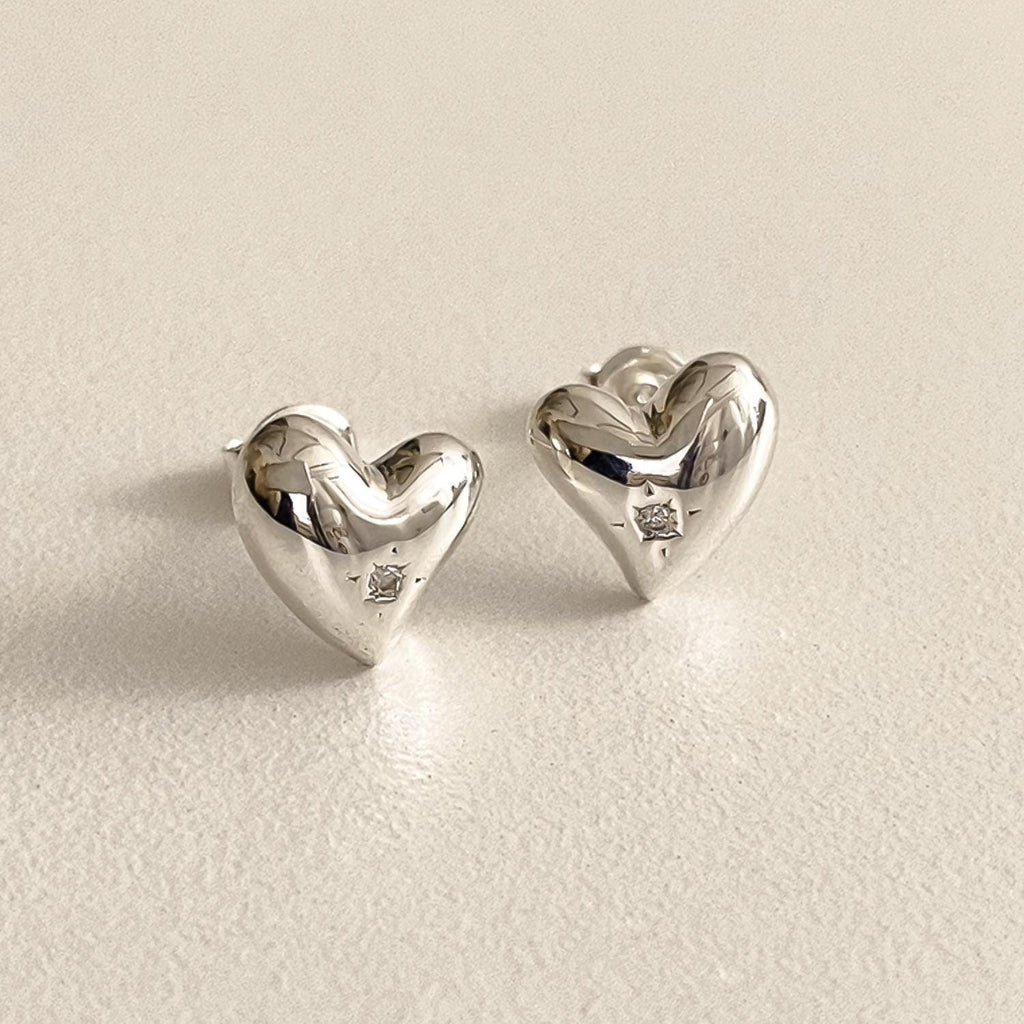 Puffed Heart CZ Silver Stud Earrings