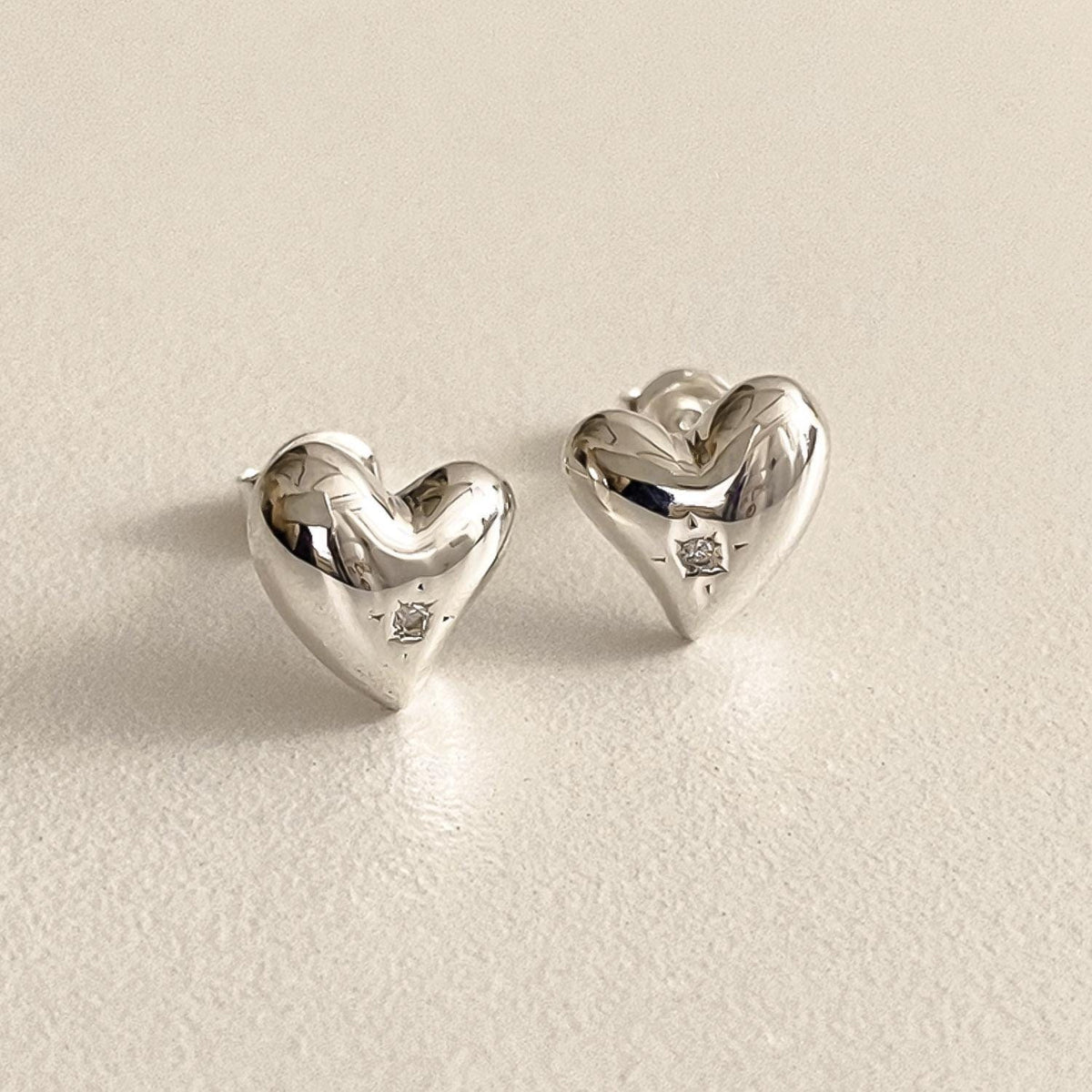 Puffed Heart CZ Silver Stud Earrings