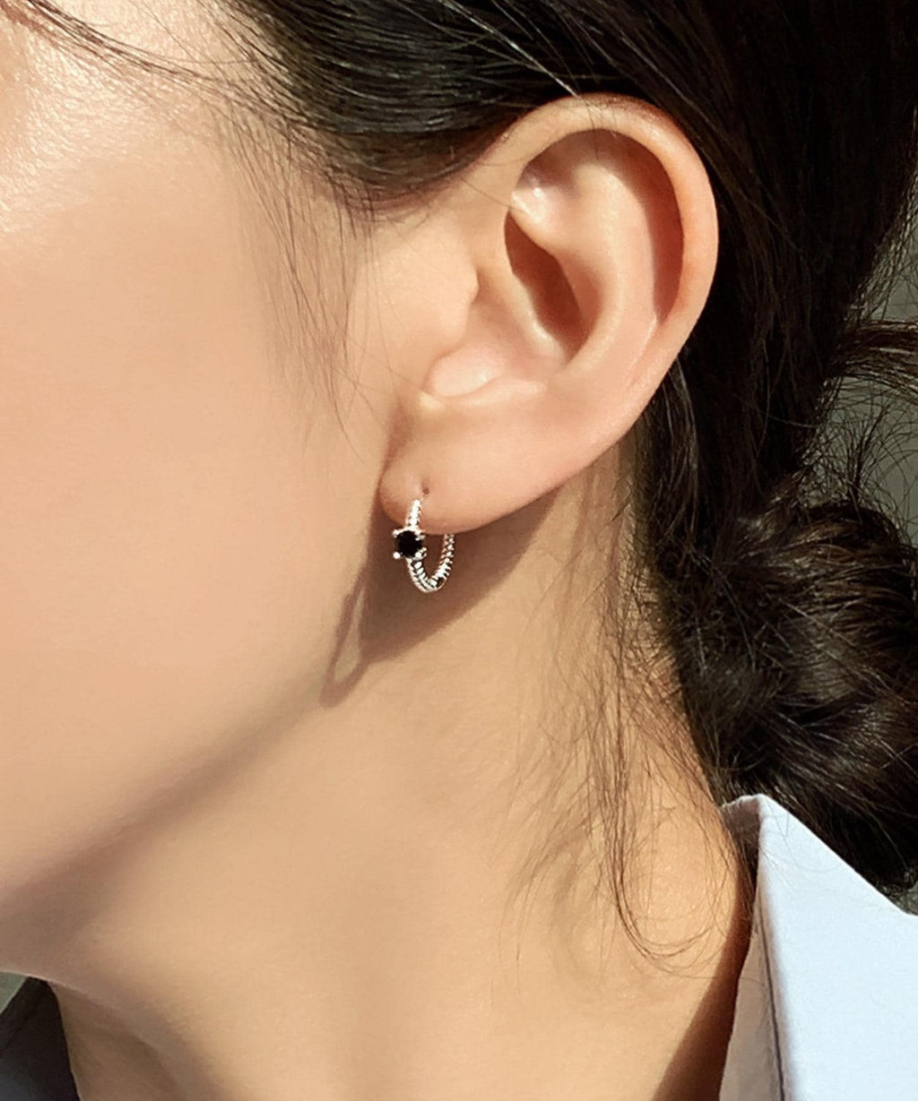 Twisted Silver Huggie Earrings with Black Stone
