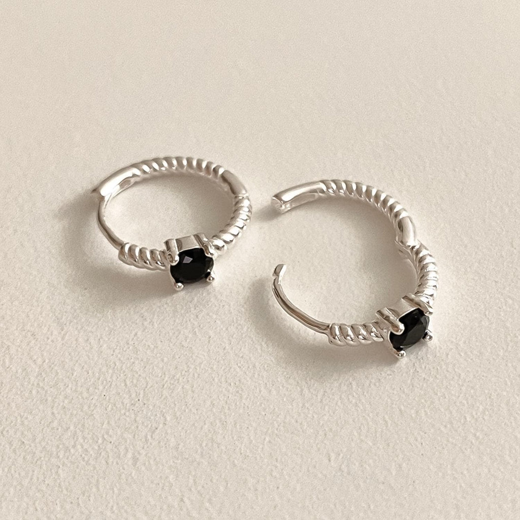 Twisted Silver Huggie Earrings with Black Stone