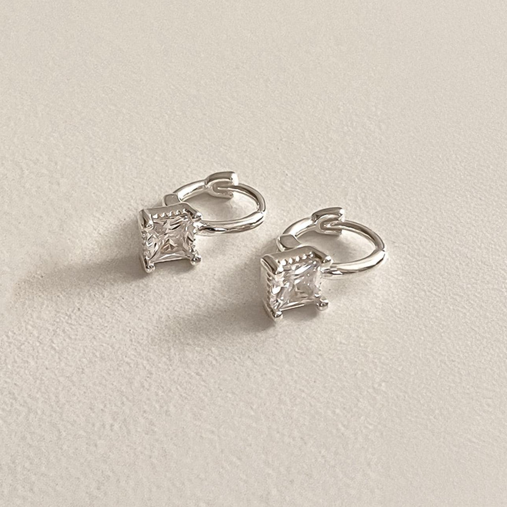 Square CZ Drop Huggie Earrings