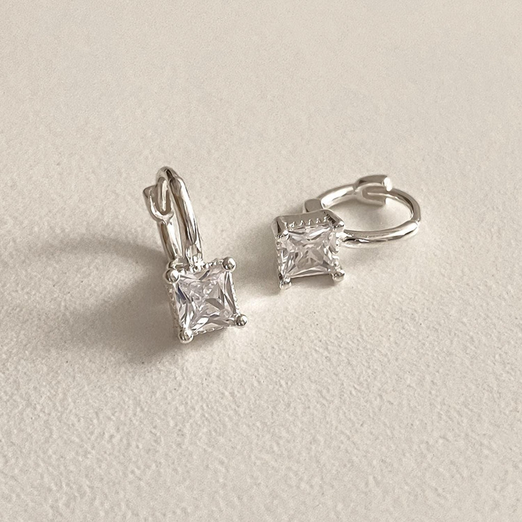 Square CZ Drop Huggie Earrings