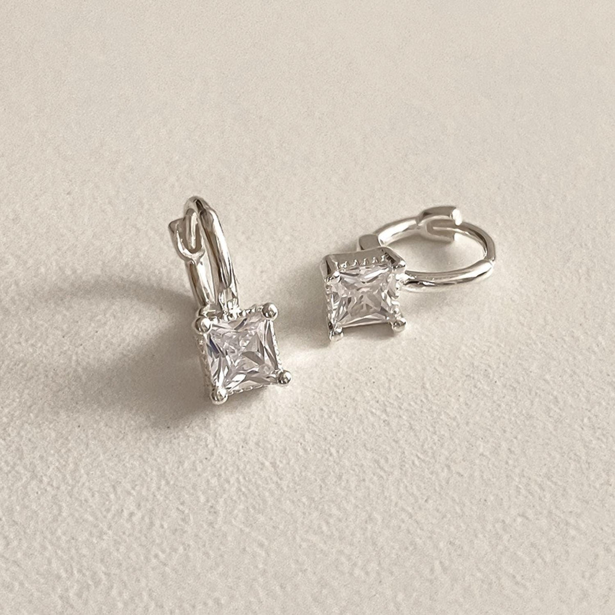Square CZ Drop Huggie Earrings