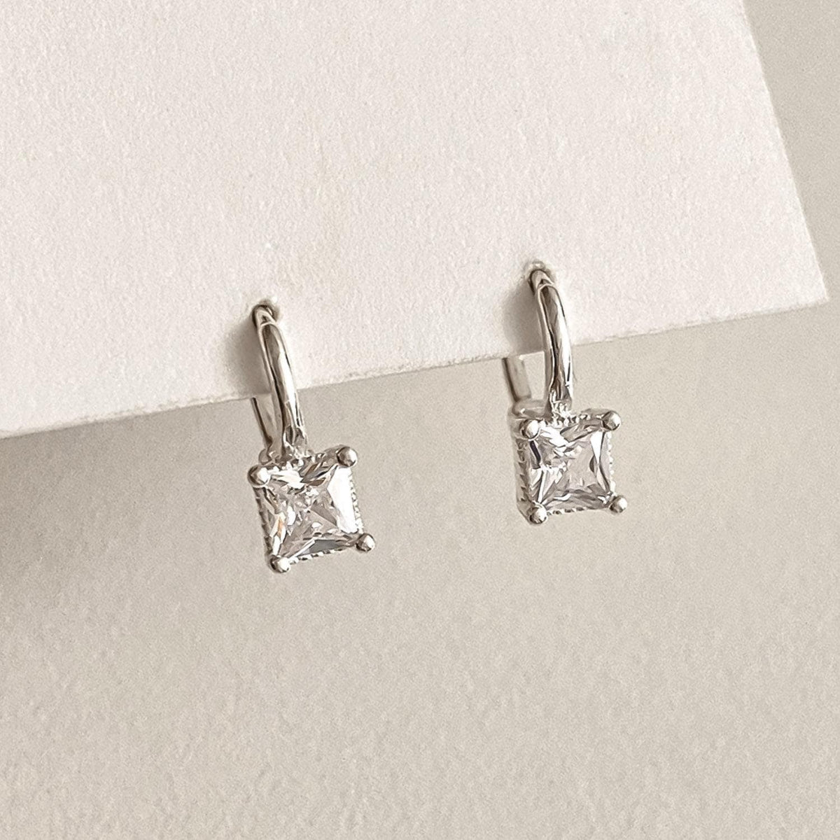 Square CZ Drop Huggie Earrings