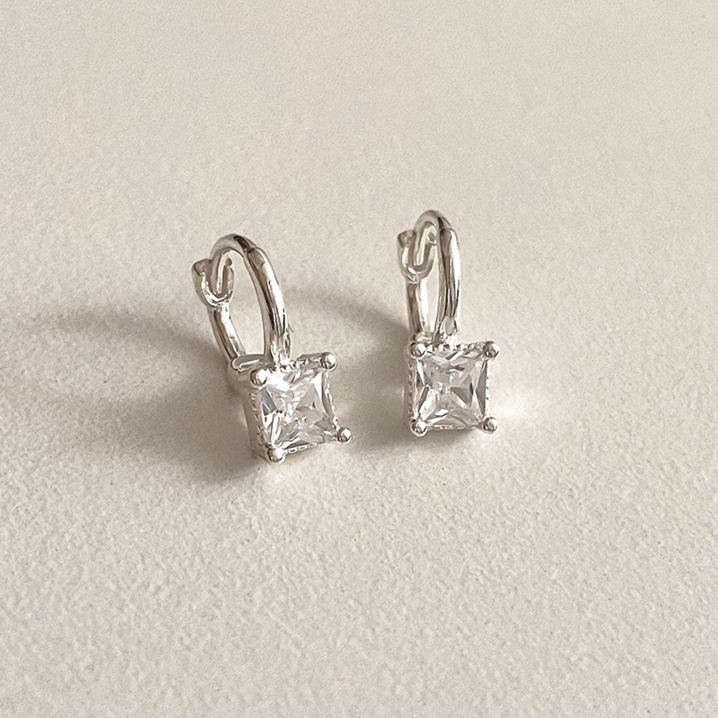 Square CZ Drop Huggie Earrings